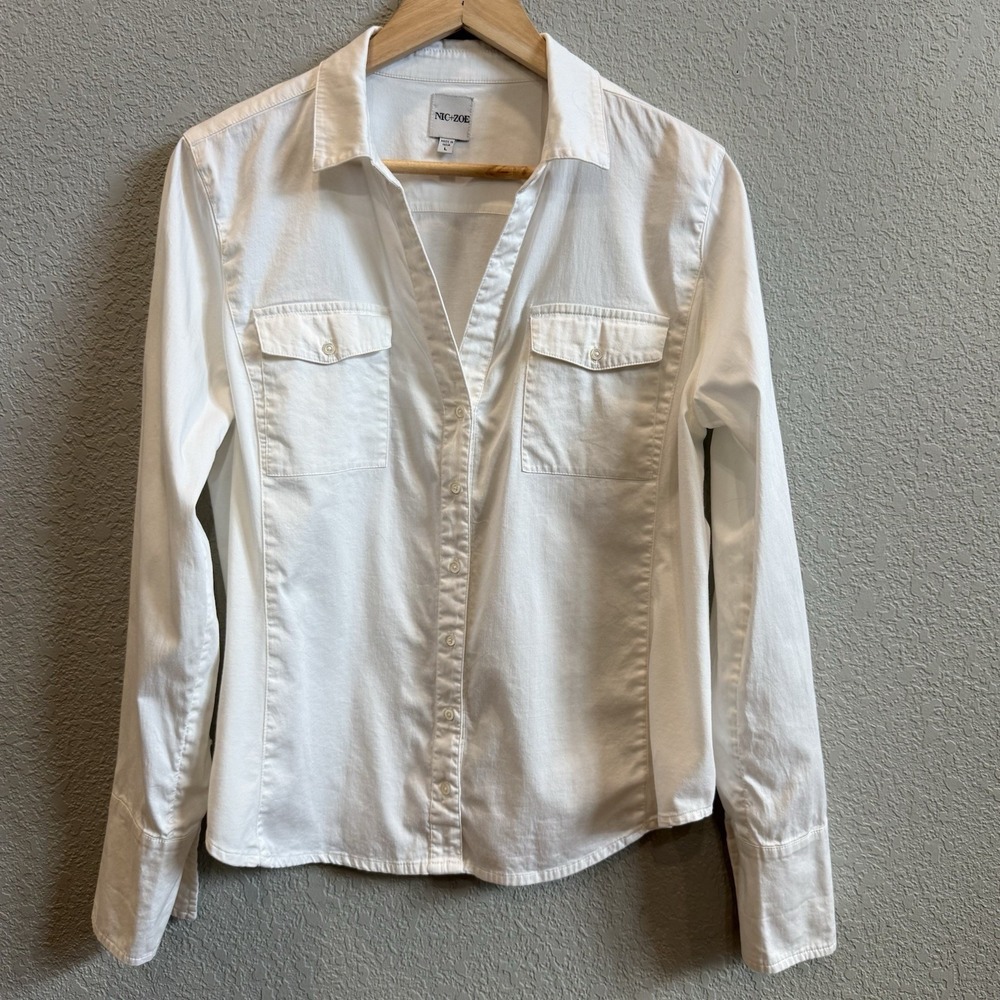 Nic+Zoe White Stretch Cotton Button Up Shirt Women's L